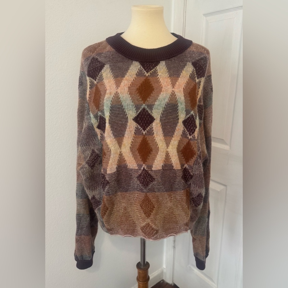 Free People Diamond Days Sweater Wool Mohair Grandpa Cottage Retro Size Large